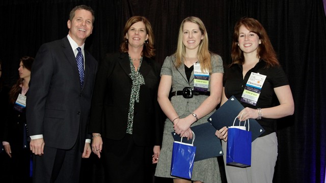 Daniel Cobaugh, VP of ASHP Research & Education Foundation, Kathryn Schultz, ASHP President, Stephanie Ogorzaly and Cynthia Williams, Second Place 2012 Clinical Skills Competition  
