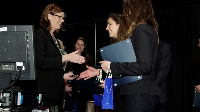 Daniel Cobaugh, VP of ASHP Research & Education Foundation, Kathryn Schultz, ASHP President, Melissa Debs and Caroline Anita Der-Nigoghossian, Third Place, 2012 Clinical Skills Competition
