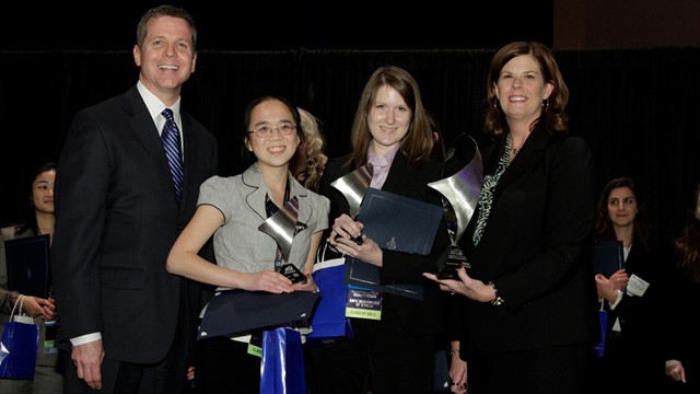 Daniel Cobaugh, VP of ASHP Research & Education Foundation, Kathryn Schultz, ASHP President, Jennifer Lee and Elizabeth Jackson, 2012 Clinical Skills Competition winners
